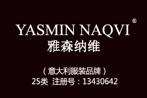 YASMIN NAQVI雅森纳维,25类商标,服装,鞋,帽,袜,手套,领带,皮带,婚纱,围巾商标